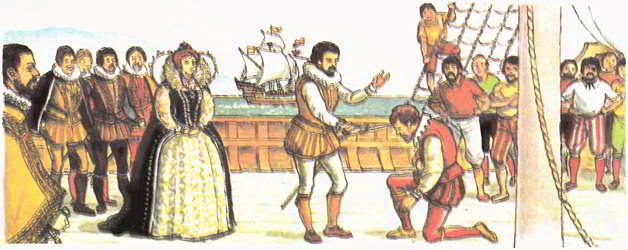 Елизавета взошла на корабль «Золотая лань», чтобы посвятить Фрэнсиса Дрейка в рыцари